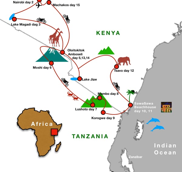 Map of the 17-day Kilimanjaro motorcycle route through Kenya and Tanzania